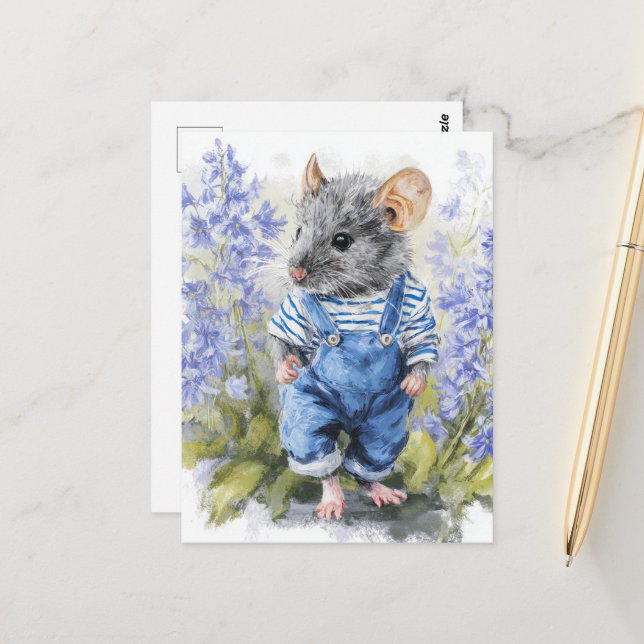 Carte Postale Souris adorable à Denim dans les fleurs (Devant/Arrière en situation)
