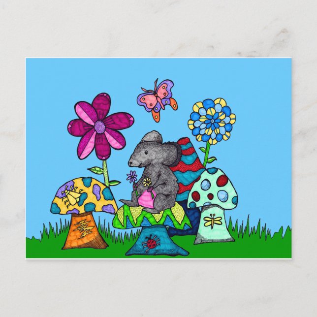 Carte Postale Souris adorable dans les champignons (Devant)