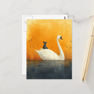 Carte Postale Souris adorable hits un tour sur un cygne