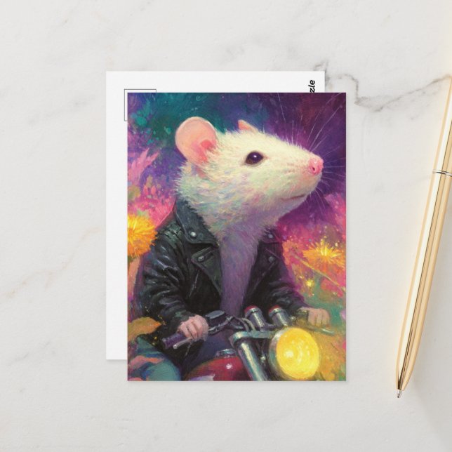 Carte Postale Souris blanche adorable dans une veste en cuir noi (Devant/Arrière en situation)