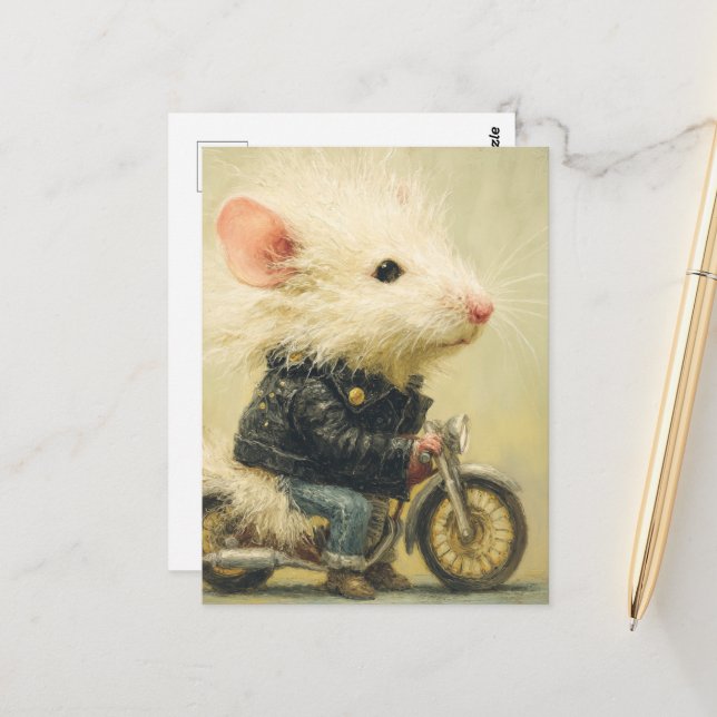 Carte Postale Souris blanche adorable sur une moto (Devant/Arrière en situation)
