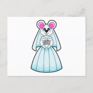 Carte Postale Souris comme mariée avec bouquet de fleurs
