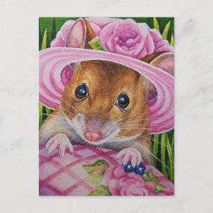 Carte Postale Souris dans Bonnet Trouvé Oeuf rose Aquarelle Art