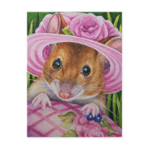 Souris dans Bonnet Trouvé Oeuf rose Aquarelle Art
