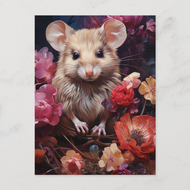 Carte Postale Souris dans les fleurs (Devant)