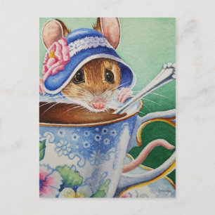 Carte Postale Souris de l'heure du thé fantaisiste Bonnet Bleu A