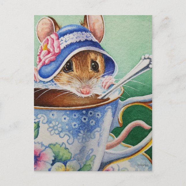 Carte Postale Souris de l'heure du thé fantaisiste Bonnet Bleu A (Devant)