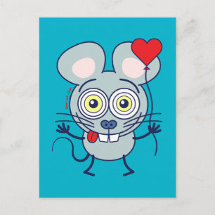 Carte Postale Souris drôle tenant un ballon et se sentant amoure