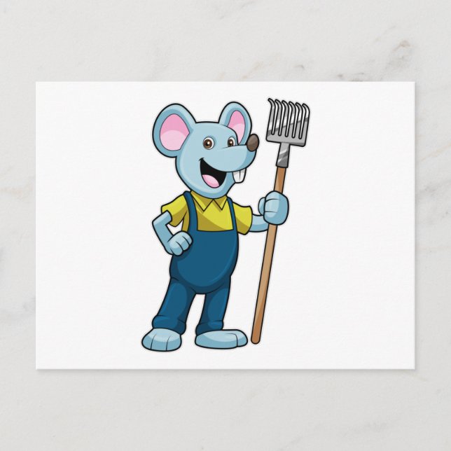 Carte Postale Souris en fermier avec râteau (Devant)