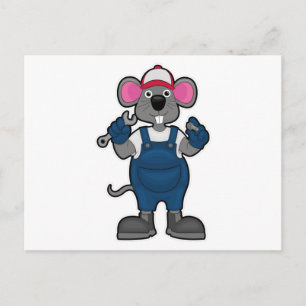 Carte Postale Souris en mécanicien avec vis et clé à écrou