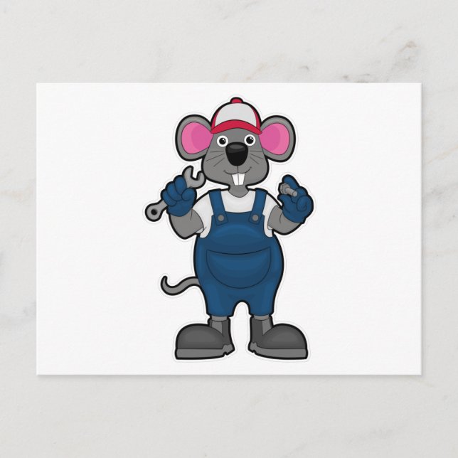 Carte Postale Souris en mécanicien avec vis et clé à écrou (Devant)
