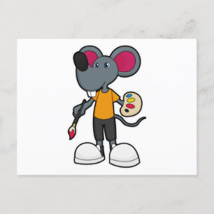 Carte Postale Souris en peintre avec peinture et pinceau