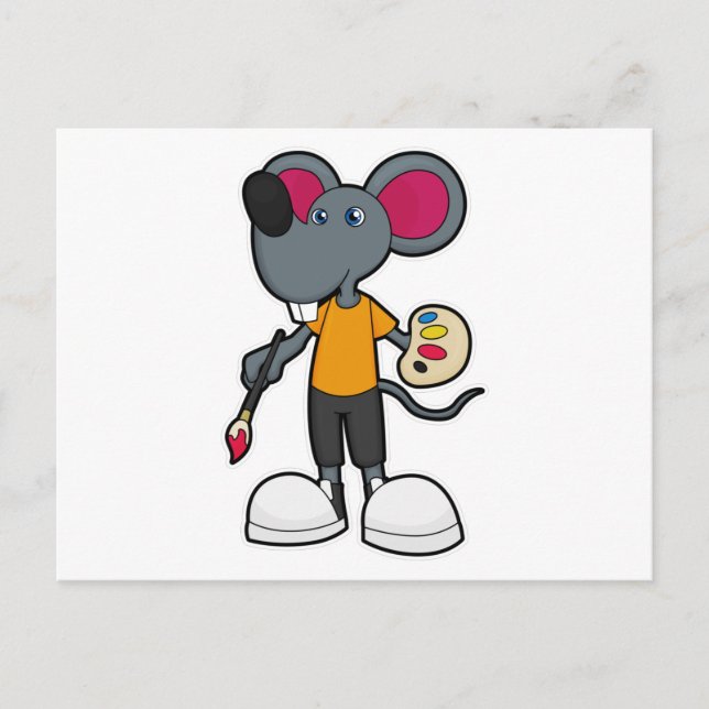 Carte Postale Souris en peintre avec peinture et pinceau (Devant)