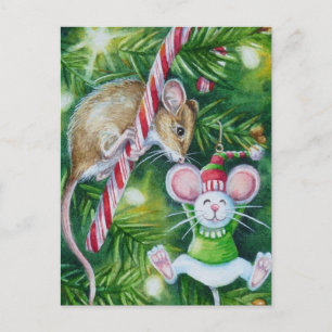 Carte Postale Souris et Arbre de Noël Aquarelle Art
