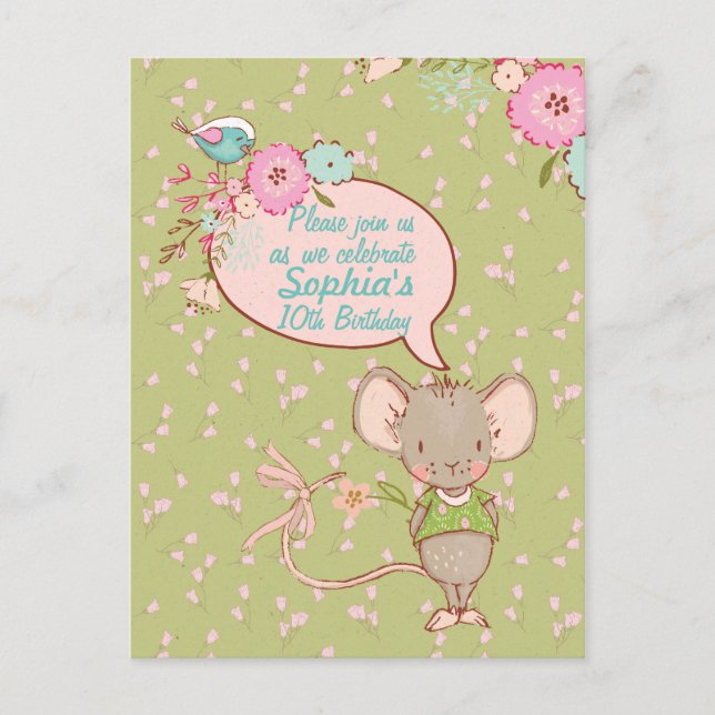 Carte Postale Souris et oiseaux Enfants Invitation d'anniversair (Devant)