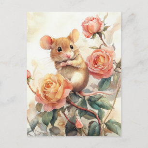 Carte Postale souris et rose
