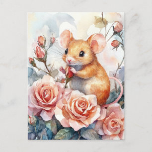 Carte Postale souris et rose