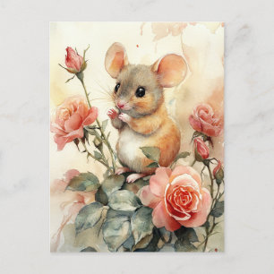 Carte Postale souris et rose