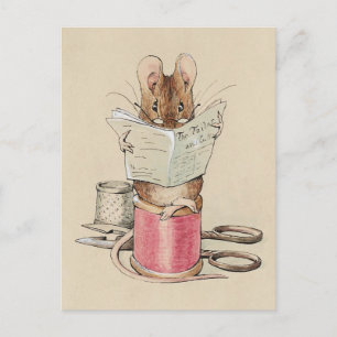 Carte Postale Souris lire le journal Vintage