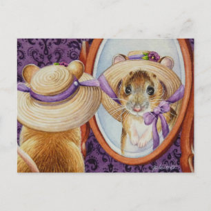 Carte Postale Souris portant ressort Bonnet miroir aquarelle