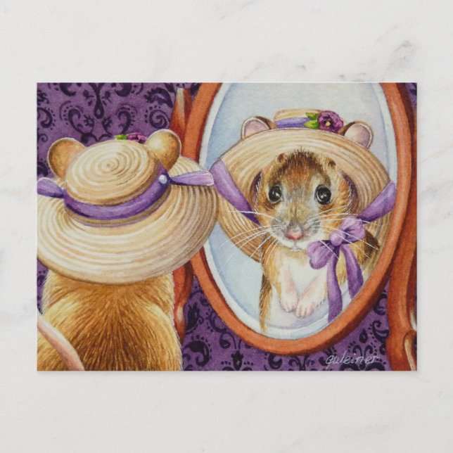 Carte Postale Souris portant ressort Bonnet miroir aquarelle (Devant)