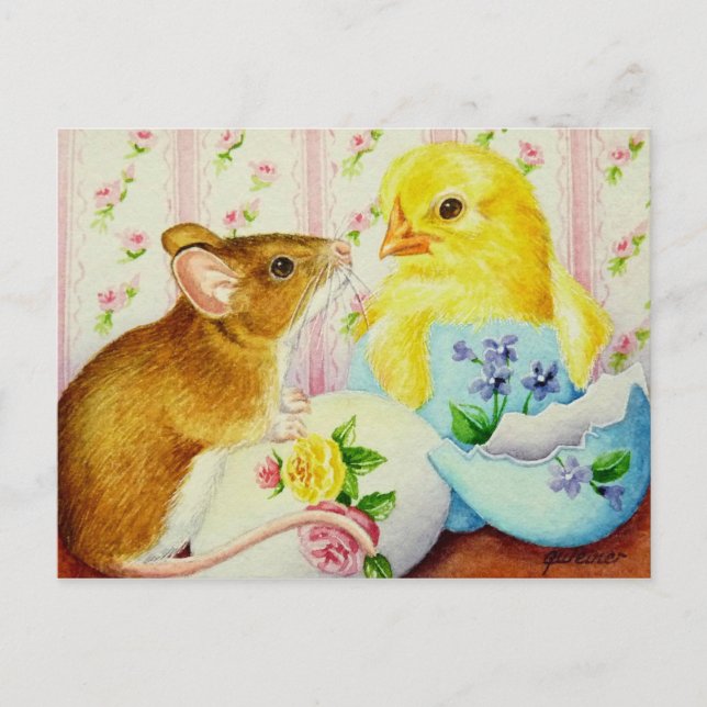Carte Postale Souris rencontre bébé poussette Pâques aquarelle a (Devant)