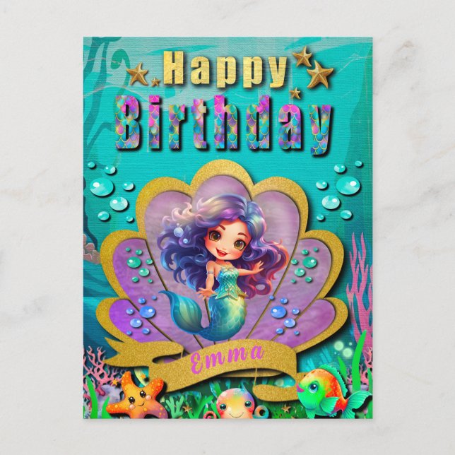 Carte Postale Sous la mer et sirène fête d'anniversaire fille (Devant)