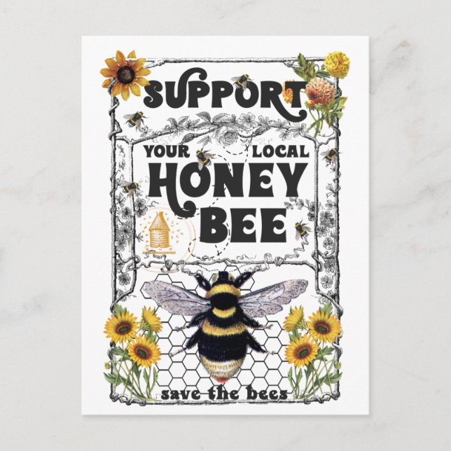 Carte Postale Soutenez vos abeilles à miel locales - Sauvez les  (Devant)