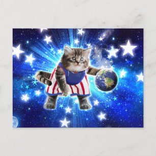 Carte Postale Space cat jouant au basket