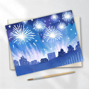 Carte Postale Spectacle de feu d'artifice bleu   Aquarelle de fe