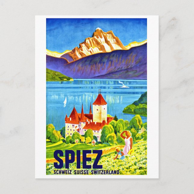 Carte Postale Spiez, champ vert devant la ville de Suisse (Devant)