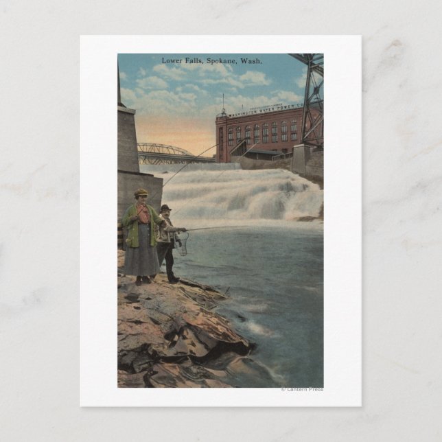 Carte Postale Spokane, WA - Pêche en couple à Lower Falls (Devant)