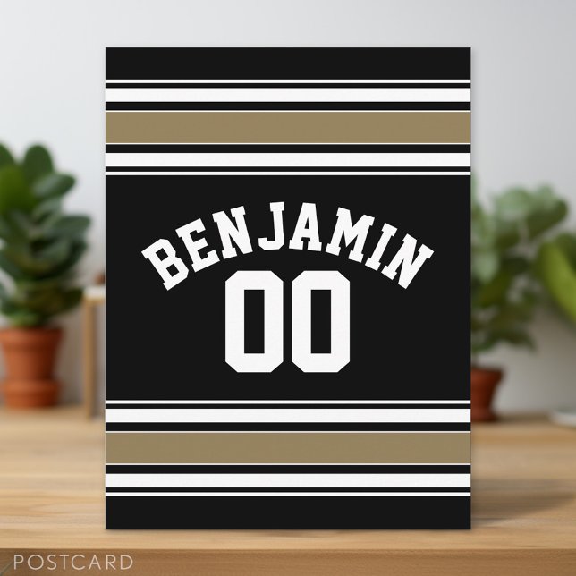 Carte Postale Sports Jersey Black and Gold Strips Nom Numéro (Custom Postcard)