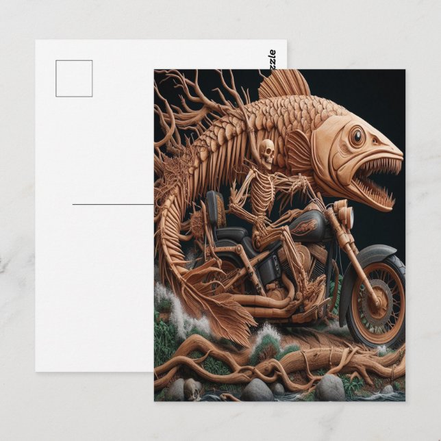 Carte Postale squelette a roulé son vélo à hélico sur la piste (Devant / Derrière)