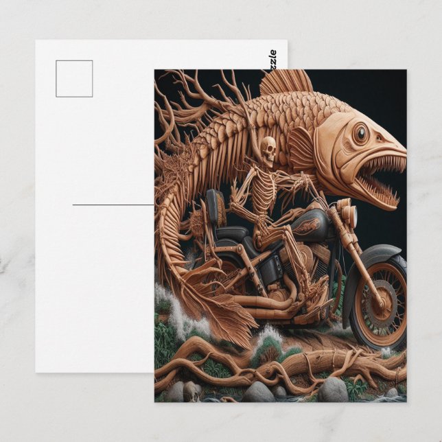 Carte Postale squelette a roulé son vélo à hélico sur la piste (Devant / Derrière)