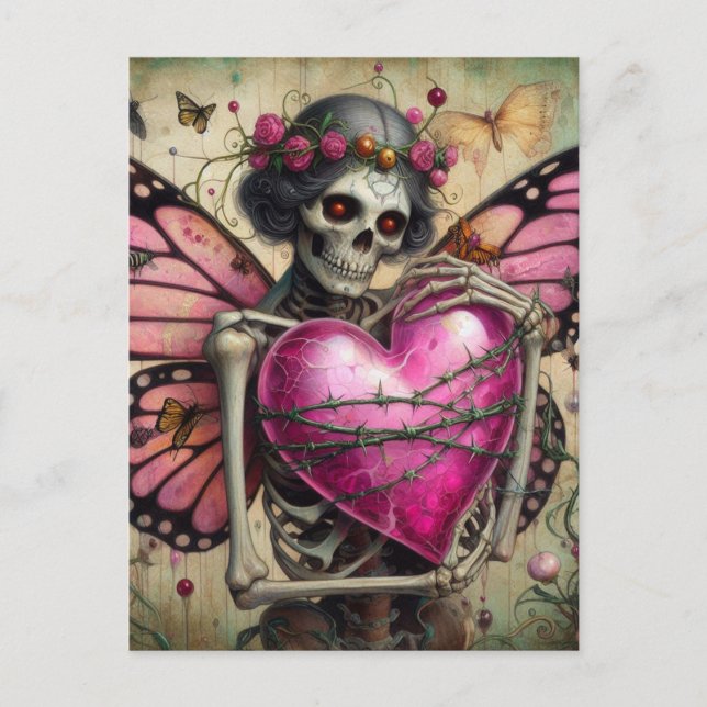 Carte Postale Squelette avec le coeur enveloppé dans les épines (Devant)