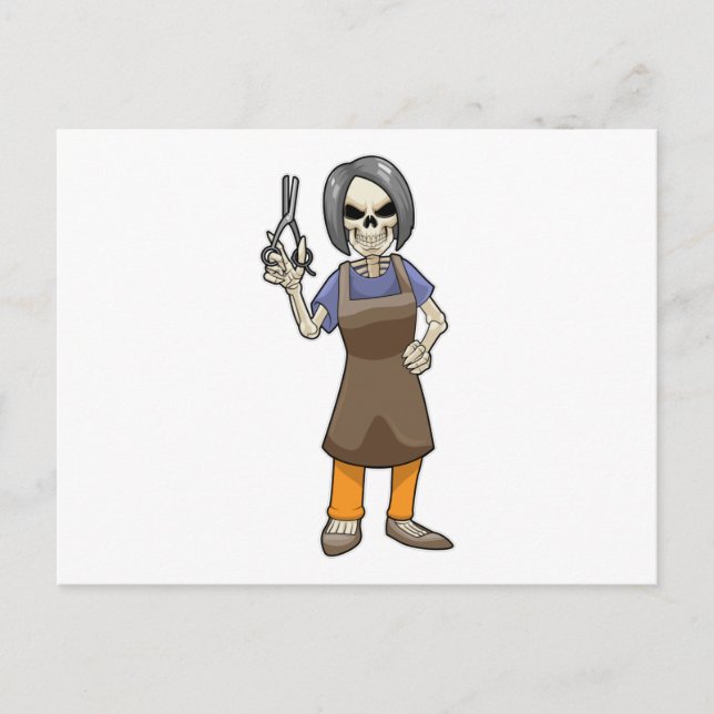 Carte Postale Squelette coiffeur avec ciseaux (Devant)