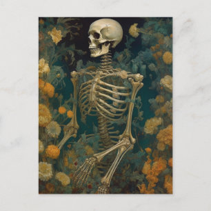 Carte Postale Squelette dans un jardin de fleurs jaunes