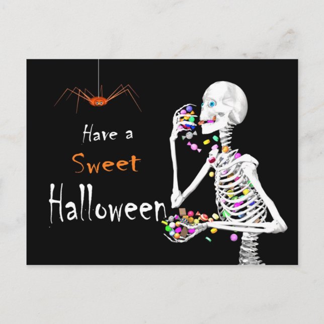 Carte Postale Squelette mangeant des bonbons d'Halloween (avec a (Devant)