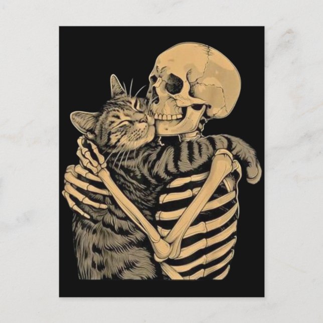 Carte Postale Squelette qui étreint un chat – Cadeau mignon pour (Devant)