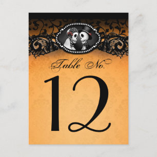 Carte Postale Squelettes d'Halloween orange et noir Numéro de ta