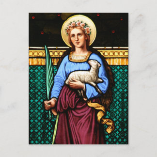 Carte Postale St Agnes de Rome, tenant agneau et feuille de palm
