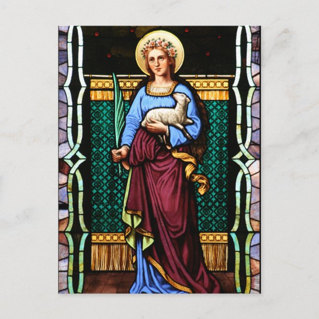 Carte Postale St Agnes de Rome, tenant agneau et feuille de palm (Devant)