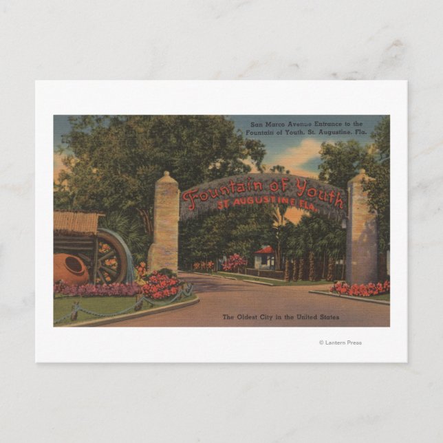 Carte Postale St. Augustine, FL - Fontaine de l'entrée jeunesse (Devant)