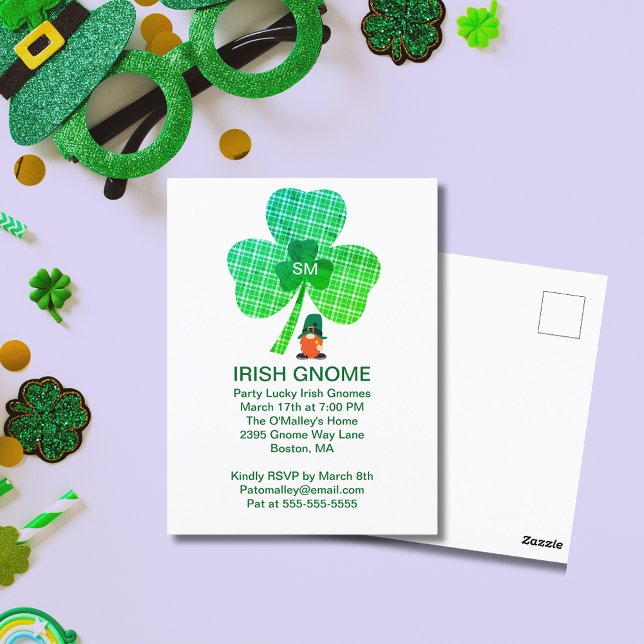 Carte Postale St patrick Shamrock de Gnome (Zazzle Irish Gnome Monogram Shamrock St Patrick's Postcard (Front))