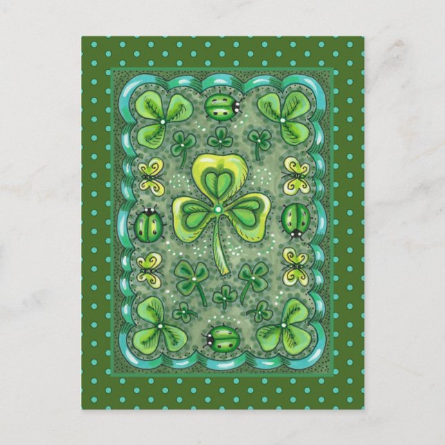 CARTE POSTALE ST. PATRICK'S DAY FOLK ART SHAMROCKS N'LADYBUGS (Devant)