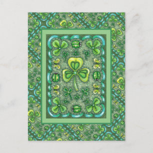 CARTE POSTALE ST. PATRICK'S DAY FOLK ART SHAMROCKS N'LADYBUGS