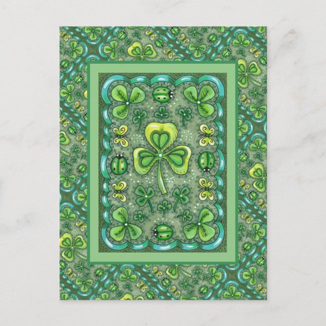 CARTE POSTALE ST. PATRICK'S DAY FOLK ART SHAMROCKS N'LADYBUGS (Devant)
