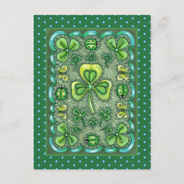 CARTE POSTALE ST. PATRICK'S DAY FOLK ART SHAMROCKS N'LADYBUGS (Devant)