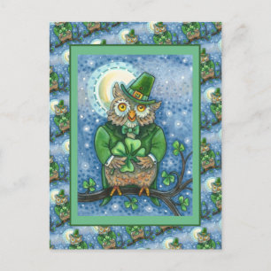 CARTE POSTALE ST. PATRICK'S DAY OWL, 4 HORLOGE LEPRECHAUN